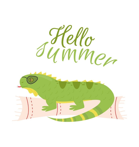 Illustratie met leguaan hagedis met bril op het tapijt en de inscriptie hallo zomer Hallo zomer print met leguaan reptiel op een tapijt