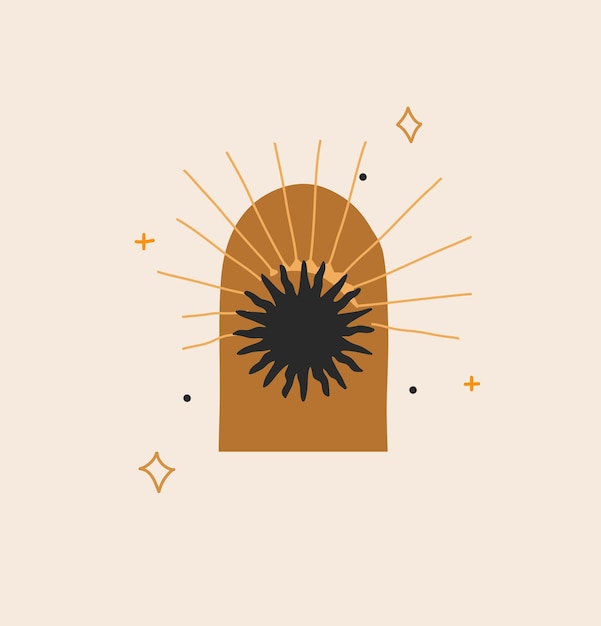 illustratie met logo-element, Boheemse magische lijntekeningen van zonsilhouet, sterren en zon