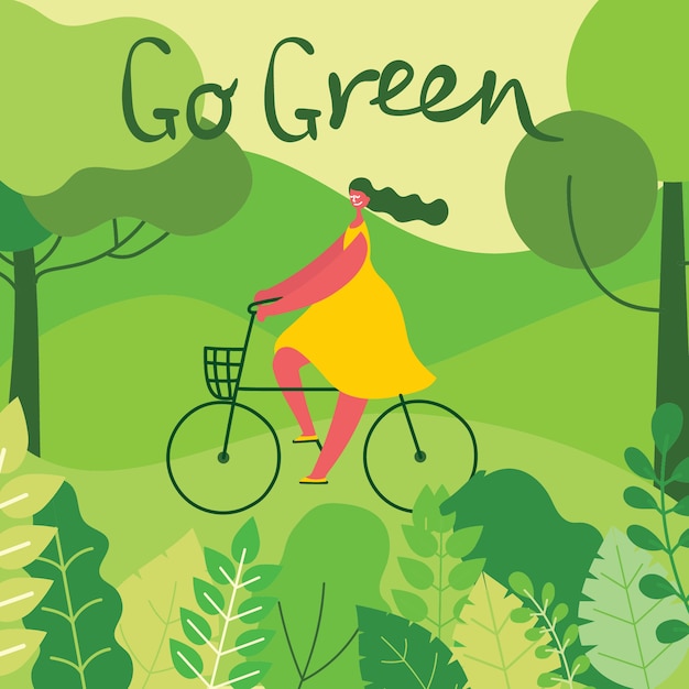 Illustratie met meisje fietsten op de natuur, in het bos met groen landschap veiw in het platte ontwerp en eco citaat go green