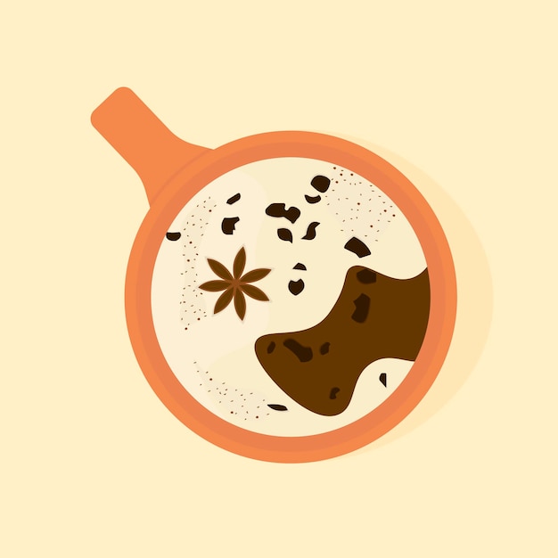 Illustratie met oranje kopje koffie met room en kaneel op warme gele achtergrond. Illustraties