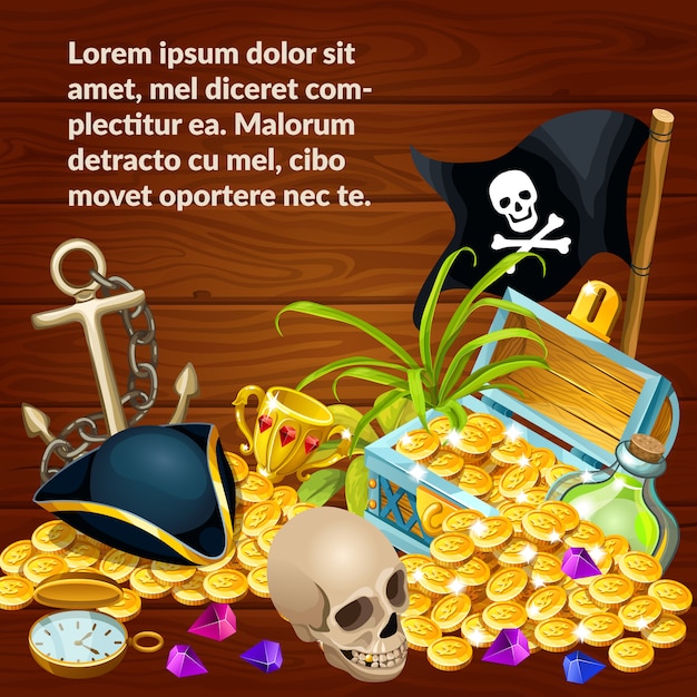 Vector illustratie met piratenschat, edelstenen en schedel.