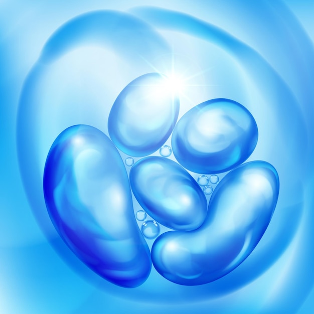 Illustratie met prachtige realistische luchtbellen met heldere schittering drijvend in water of andere vloeistof in lichtblauwe kleur
