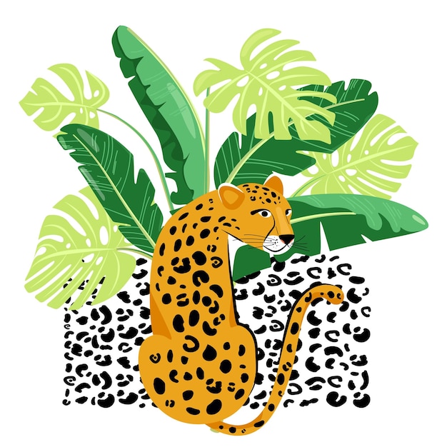Vector illustratie met schattige luipaard en tropische planten mode exotische jungle print
