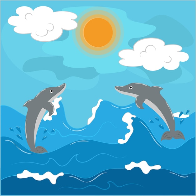 Illustratie met spelende dolfijnen in de zee