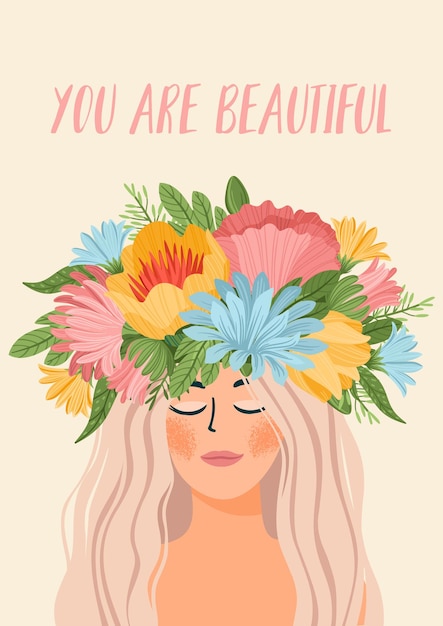 Vector illustratie met vrouw in bloemkrans en tekst je bent mooi