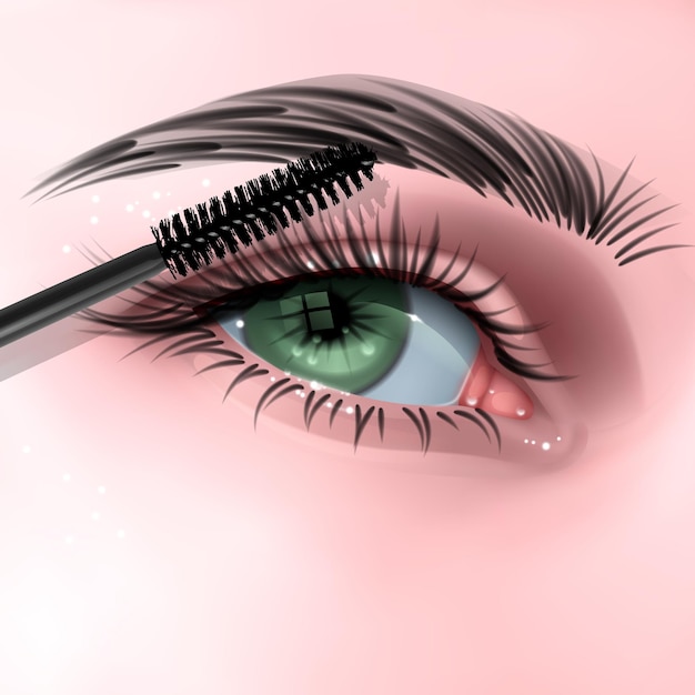 Vector illustratie met vrouwelijke oog lange wimpers en mascara borstel illustratie in realistische stijl