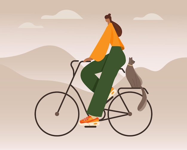 Illustratie modern meisje en kat op een fiets zomer fietstocht Trend ontwerp clip art poster