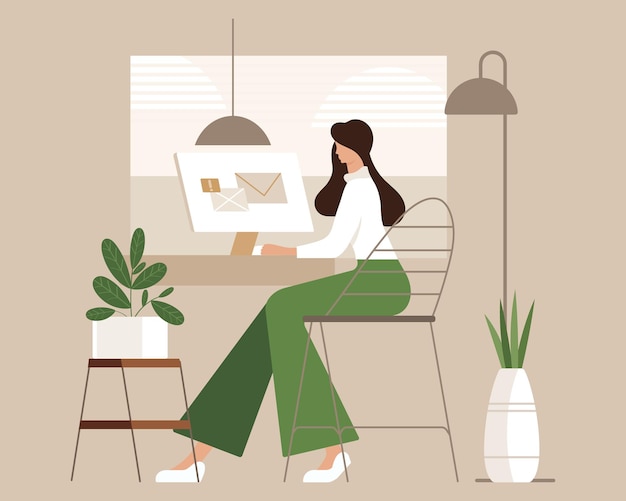 Illustratie moderne meisje freelancer werken op de computer thuis Thuiskantoor concept