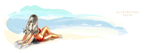 illustratie. Mooie gebruinde jonge vrouw op het strand, ligt op het zand en neemt zonnebaden. Vakantie en vakantie concept aan de kust. Zomerzon. De kust en de zee.