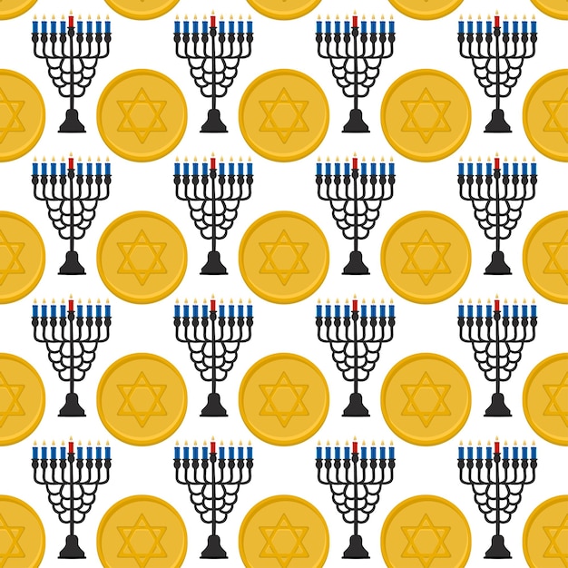 Illustratie op het thema groot gekleurd patroon Hanukkah naadloze set menorah Naadloze patroon bestaande uit collectie menorah accessoire vakantie Hanukkah Naadloos Hanukkah patroon in oude menorah