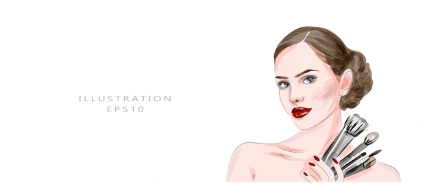 Vector illustratie op het thema van make-up en schoonheid. stijlvolle kunstschets. hand getrokken glamour jonge vrouw gezicht make-up met mooie ogen. leuk gezicht met make-up ..