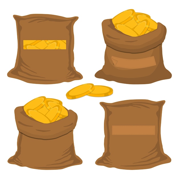 Illustratie op thema grote gekleurde set verschillende soorten zakken volle zak munten
