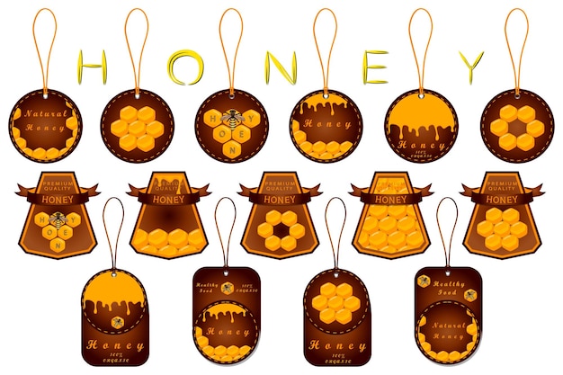 Vector illustratie op thema voor groot vast label van suikerachtige honing die in honingraat naar beneden stroomt