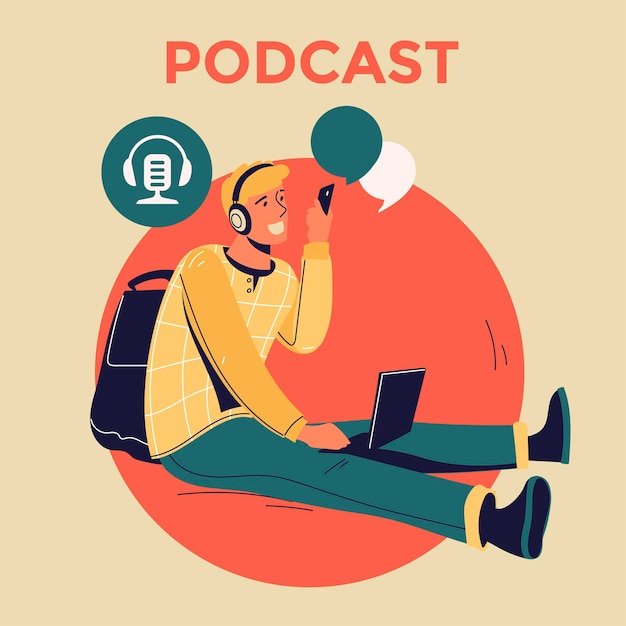 Illustratie over podcasting. mensen luisteren naar audio in een koptelefoon