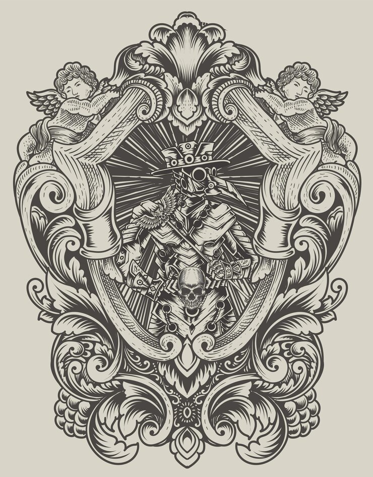 Illustratie pest arts robotachtige stijl met vintage gravure ornament