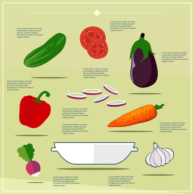 Illustratie plantaardige salade ingrediënten elementen op plat ontwerp