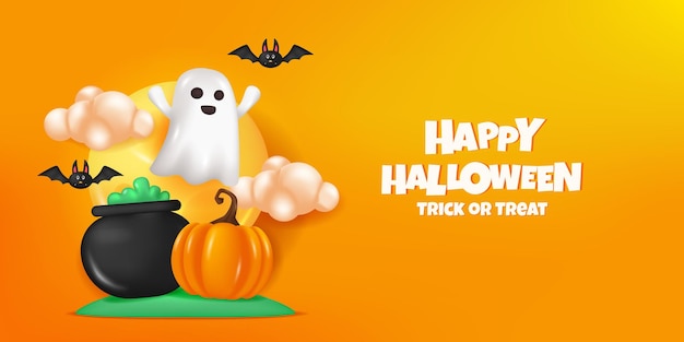 Illustratie pompoen ketel spookvleermuis en maan met oranjegele banner voor happy halloween