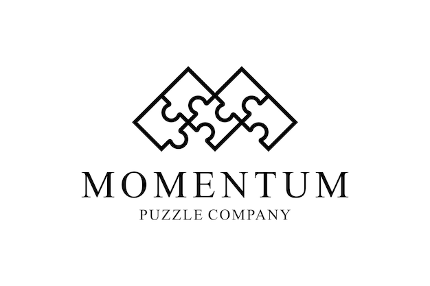 Illustratie puzzelbordspel met beginletter M in vorm zoals puzzelarrangement logo-ontwerp