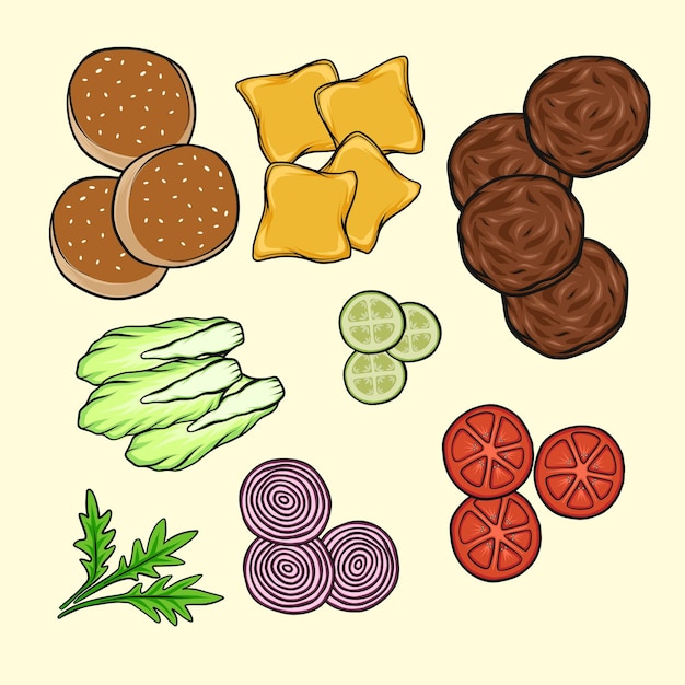 Vector illustratie recept ingrediënten voor het maken van delicious burger of hamburger. vector voedsel illustratie.