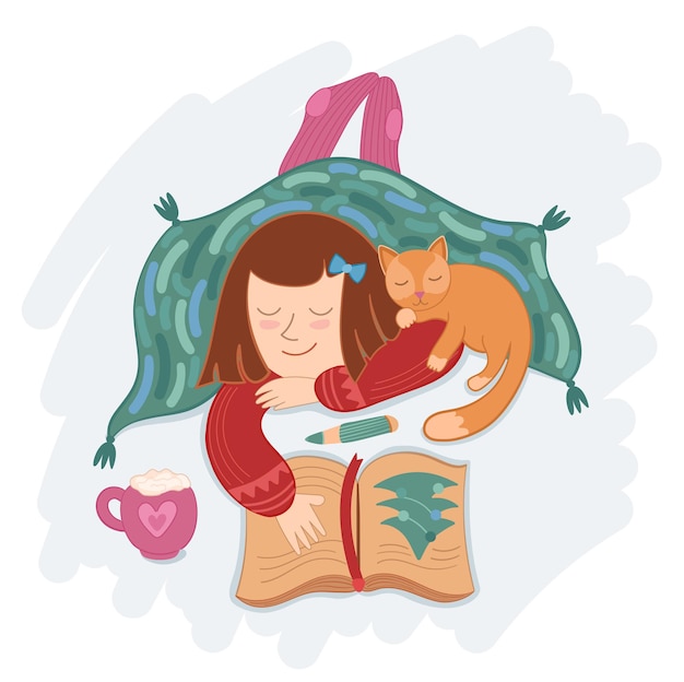 Illustratie schattig meisje met kat en cacao onder deken