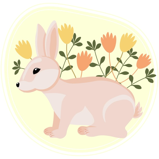 Vector illustratie schattig zacht roze konijn in wilde bloemen op een zachte achtergrond kinder print