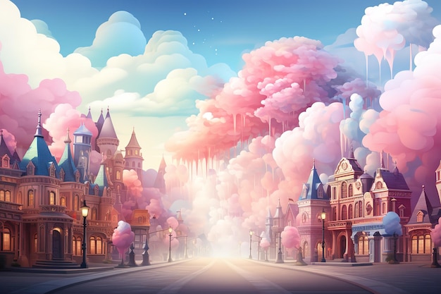 Vector illustratie schilderij wolken kasteel fantasie hemel blauwe hemel 2d render loop