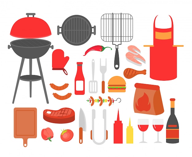 Illustratie set barbecue, gegrilde biefstuk, worst, kip, zeevruchten en groenten, alle tools voor bbq-partij, koken voedsel buiten.