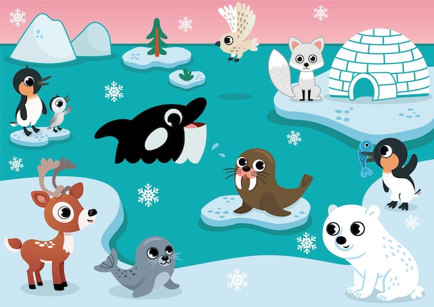 Illustratie set met arctische dieren IJsbeer zeehond walrus uil pinguïns vos rendier walvis