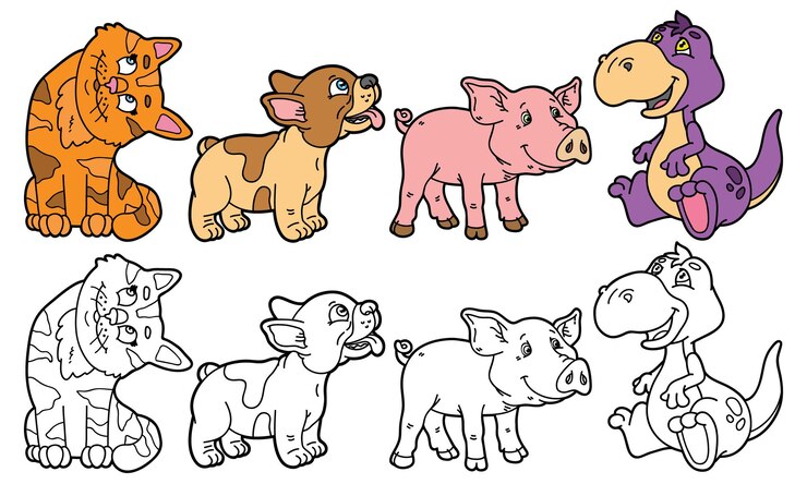 illustratie set tekenfilm dieren en varianten voor kleurboek