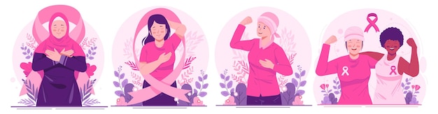 Illustratie Set van Breast Cancer Awareness Month met vrouwen met linten roze