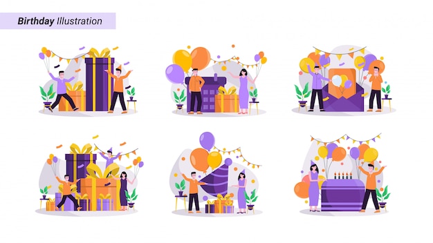 Vector illustratie set van feestelijke verjaardagsvieringen, met behulp van hoeden met ballonnen en geschenken