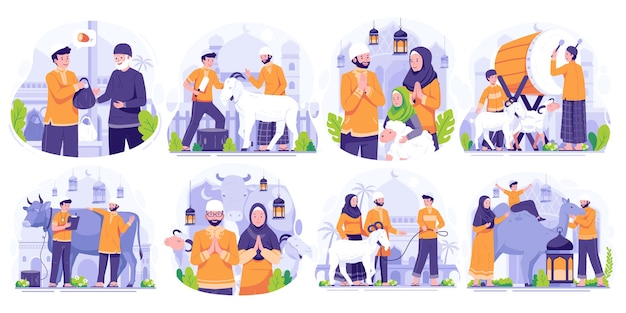 Illustratie Set van Gelukkige Eid Al Adha Mubarak Moslims vieren Eid Al Azha