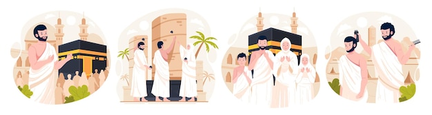 Illustratie Set van islamitische hadj-bedevaart met moslimmensen met een Kaaba-achtergrondillustratie