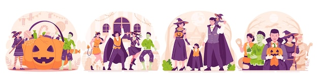 Illustratie Set van mensen die zich verkleden in verschillende Halloween-kostuums om Halloween te vieren