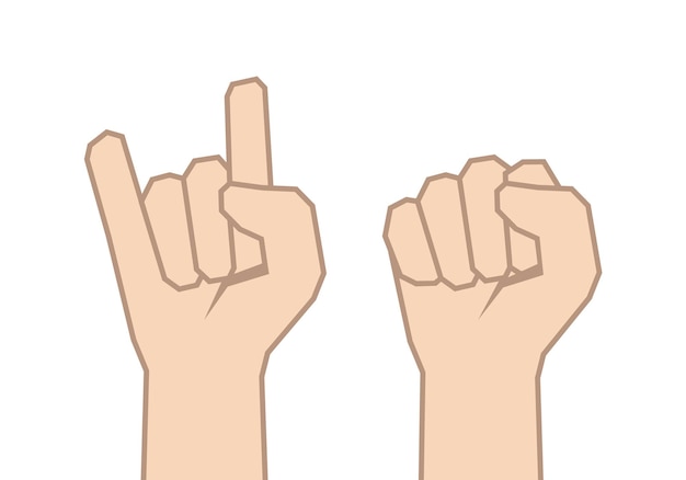 Vector illustratie: set van twee handen. vuist en rock-symbool.
