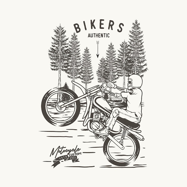 Vector illustratie stuntmotorfiets in het bos