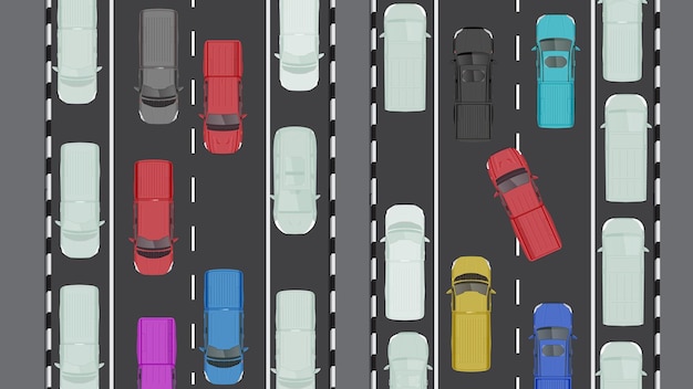 illustratie top view platte kleur van auto voertuig met parkeerplaats bij de weg