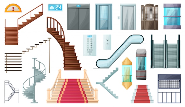 illustratie trap en roltrap. Geïsoleerde cartoon pictogram houten of metalen trap