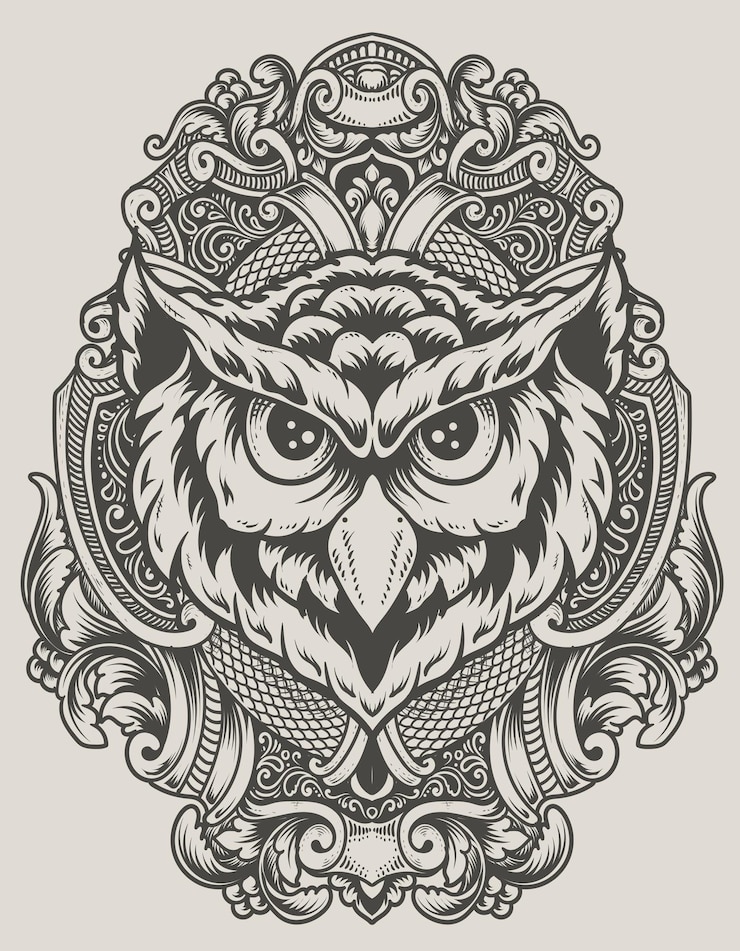 Illustratie uil hoofd met gravure ornament