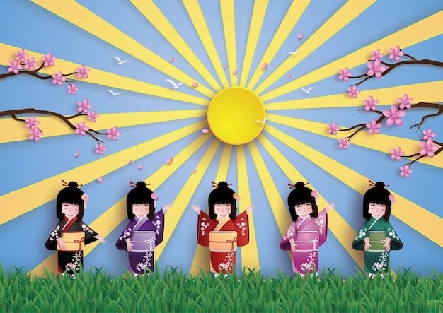 Vector illustratie van aard met lentetijd, japanse meisjes