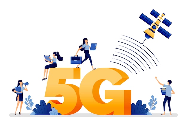 Vector illustratie van activiteiten gemakkelijker met snelheid van 5g lte internetnetwerk verbonden met satelliet