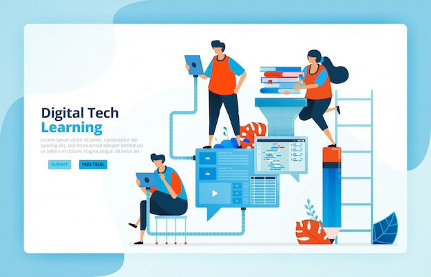 Illustratie van activiteiten uit moderne leerprocessen met technologie, efficiëntie in het onderwijs en afstandsonderwijs. communicatie met leerlingen.