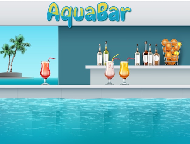 illustratie van aquabar met drankjes bij groot zwembad in waterpark