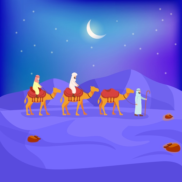 Illustratie van arabische caravan op de woestijn van de nacht