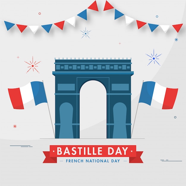 Illustratie van Arc De Triomphe Monument met Golvende Vlaggen van Frankrijk op Grijze Achtergrond voor Bastille-Dag, Franse Internationale Dag.