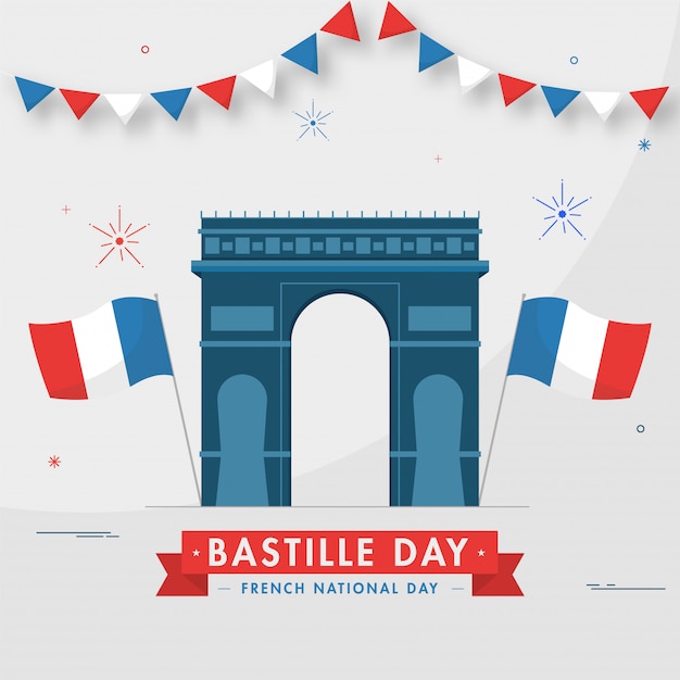 Illustratie van arc de triomphe monument met golvende vlaggen van frankrijk op grijze achtergrond voor bastille-dag, franse internationale dag.