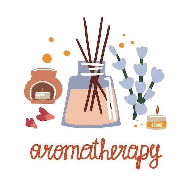 Illustratie van aromatherapie wierookstokjes spa kaarsen en kruiden