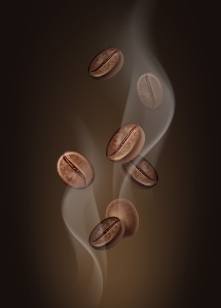 illustratie van aromatische koffiebonen in hete stoom close-up op bruine achtergrond