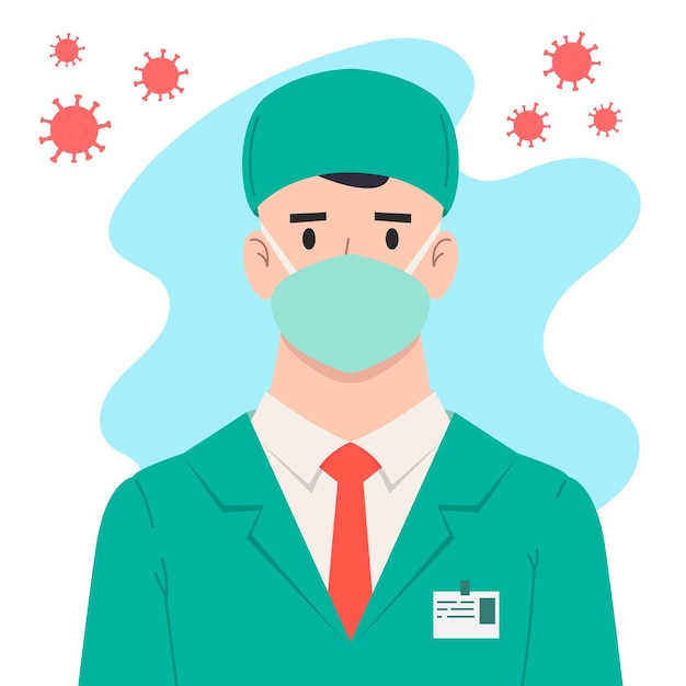 Vector illustratie van arts met antivirus bescherming medische maskers en beschermende bril coronavirus gevaar ontwerpelement voor poster label teken embleem infographic vector illustratie