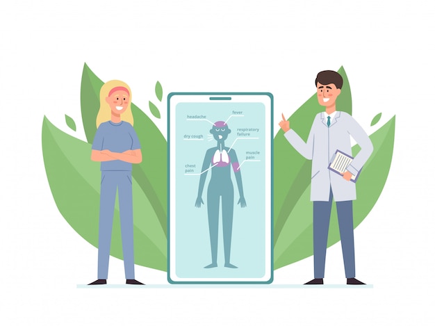 Vector illustratie van artsen met symptomen van coronavirus in smartphone